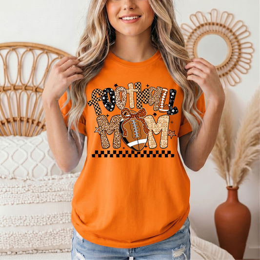 Football Mom Mixed Print Bow & Checkerboard Graphic Tee
