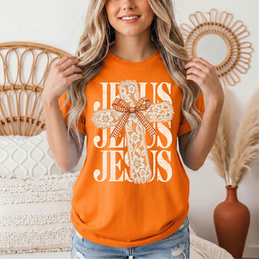 Jesus Lace Cross & Gingham Bow Christian Graphic Tee