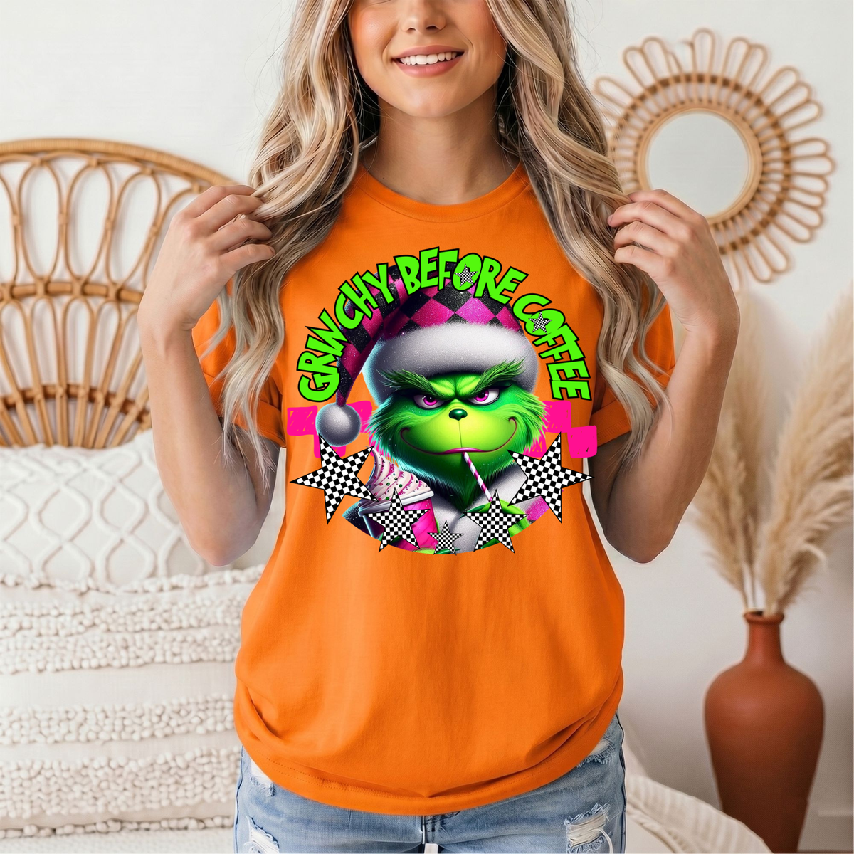 Grinchy Before Coffee Pink Checkerboard Christmas Graphic Tee