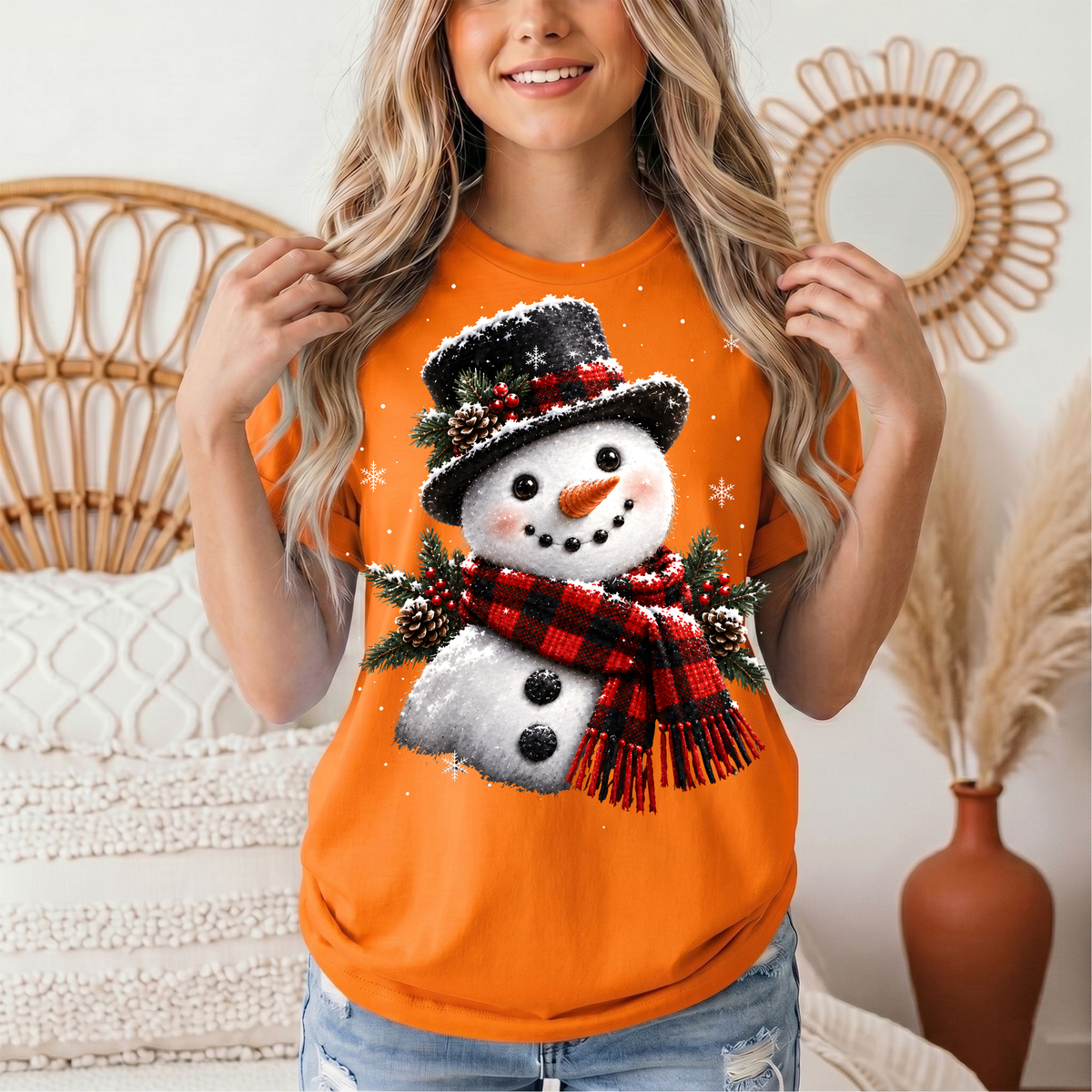Snowman Buffalo Plaid Scarf Christmas Graphic Tee