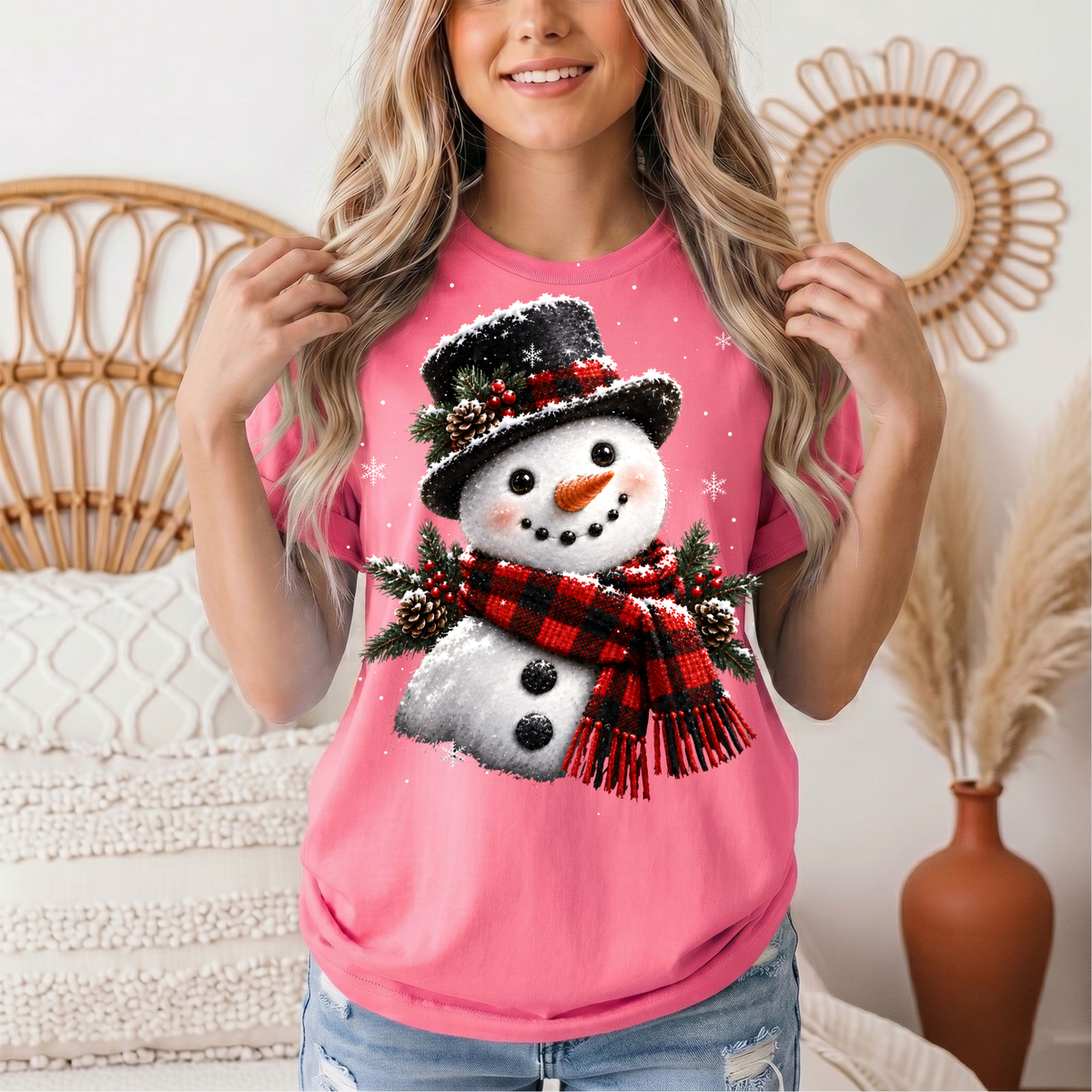 Snowman Buffalo Plaid Scarf Christmas Graphic Tee