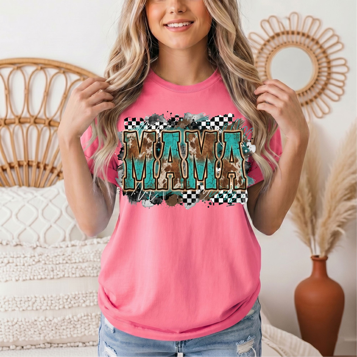Turquoise & Cow Print Mama Western Graphic Tee