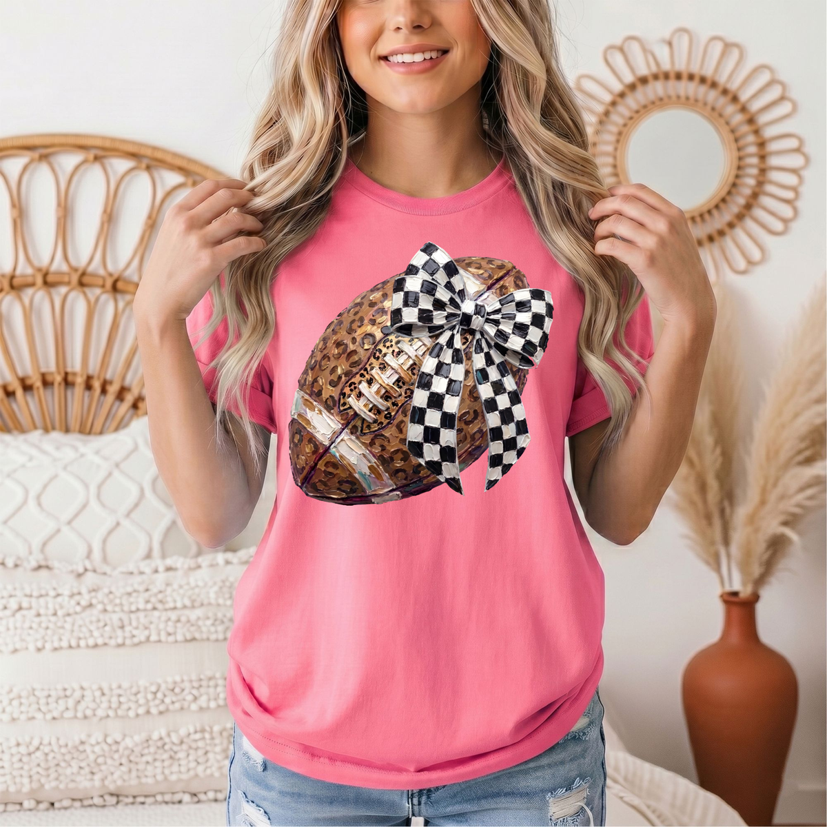 Leopard Football & Checkerboard Bow Graphic Tee