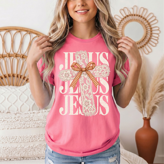 Jesus Lace Cross & Gingham Bow Christian Graphic Tee
