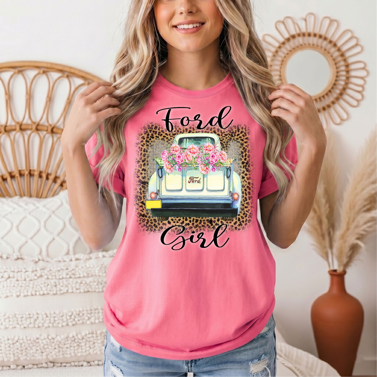 Ford Girl Floral Vintage Truck & Leopard Graphic Tee