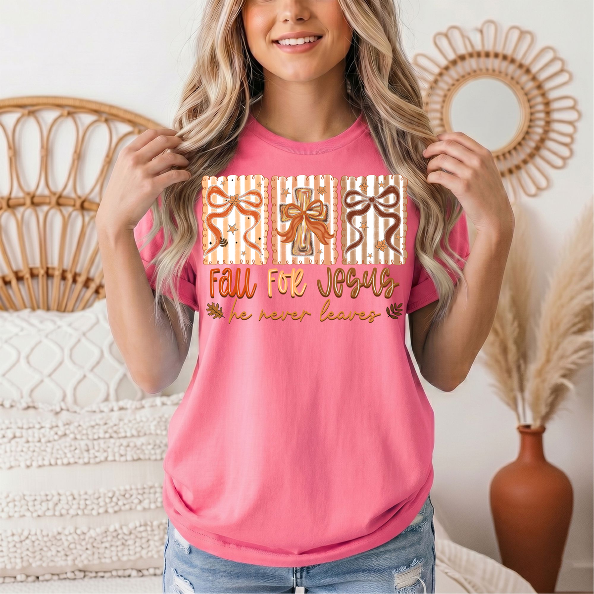 Fall for Jesus He Never Leaves Christian Graphic Tee