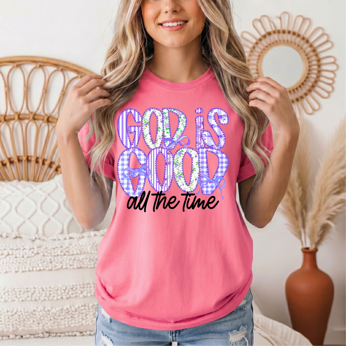 God Is Good All the Time Purple Bow Graphic Tee