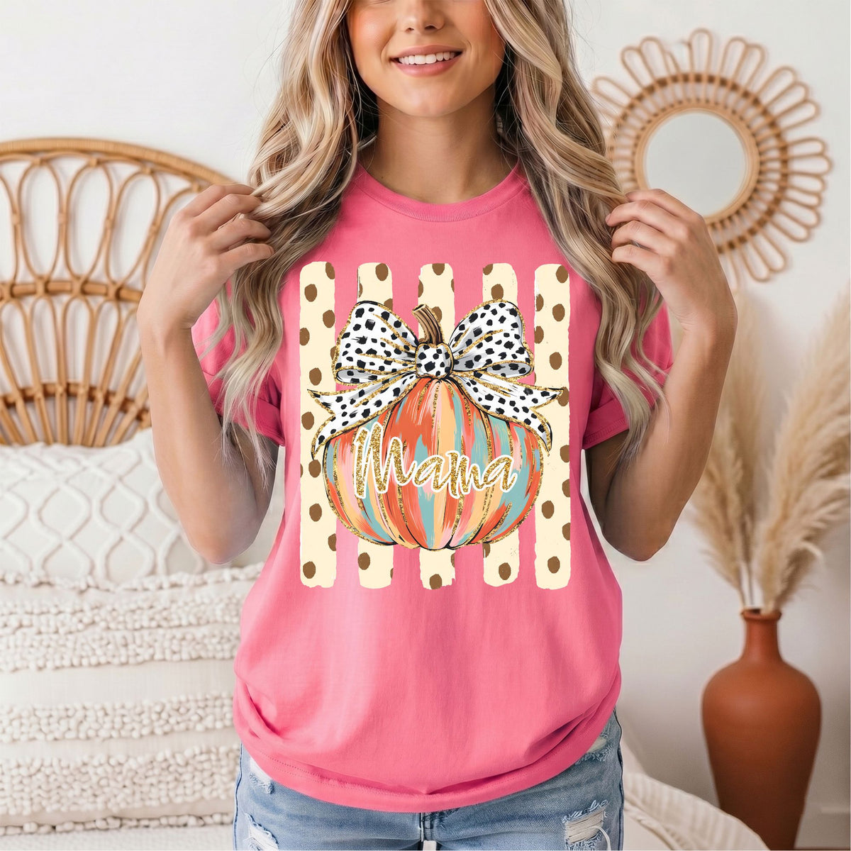 Mama Pumpkin & Spotted Bow Fall Graphic Tee