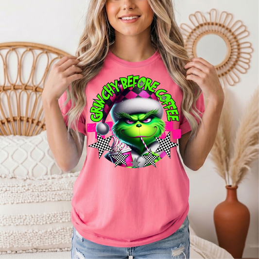 Grinchy Before Coffee Pink Checkerboard Christmas Graphic Tee