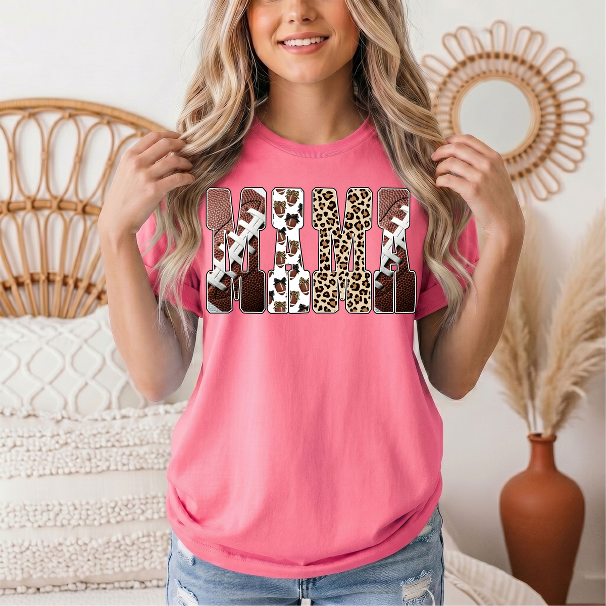 Mama Football & Leopard Mixed Print Graphic Tee