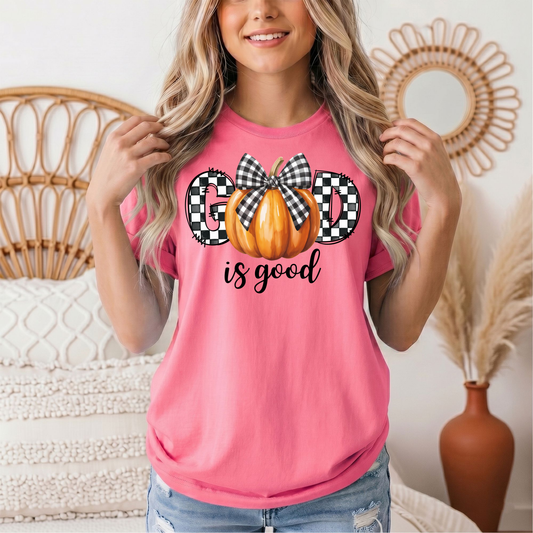 God Is Good Pumpkin & Gingham Bow Graphic Tee