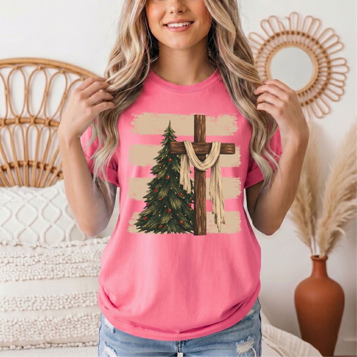 Rustic Cross & Christmas Tree Christian Graphic Tee