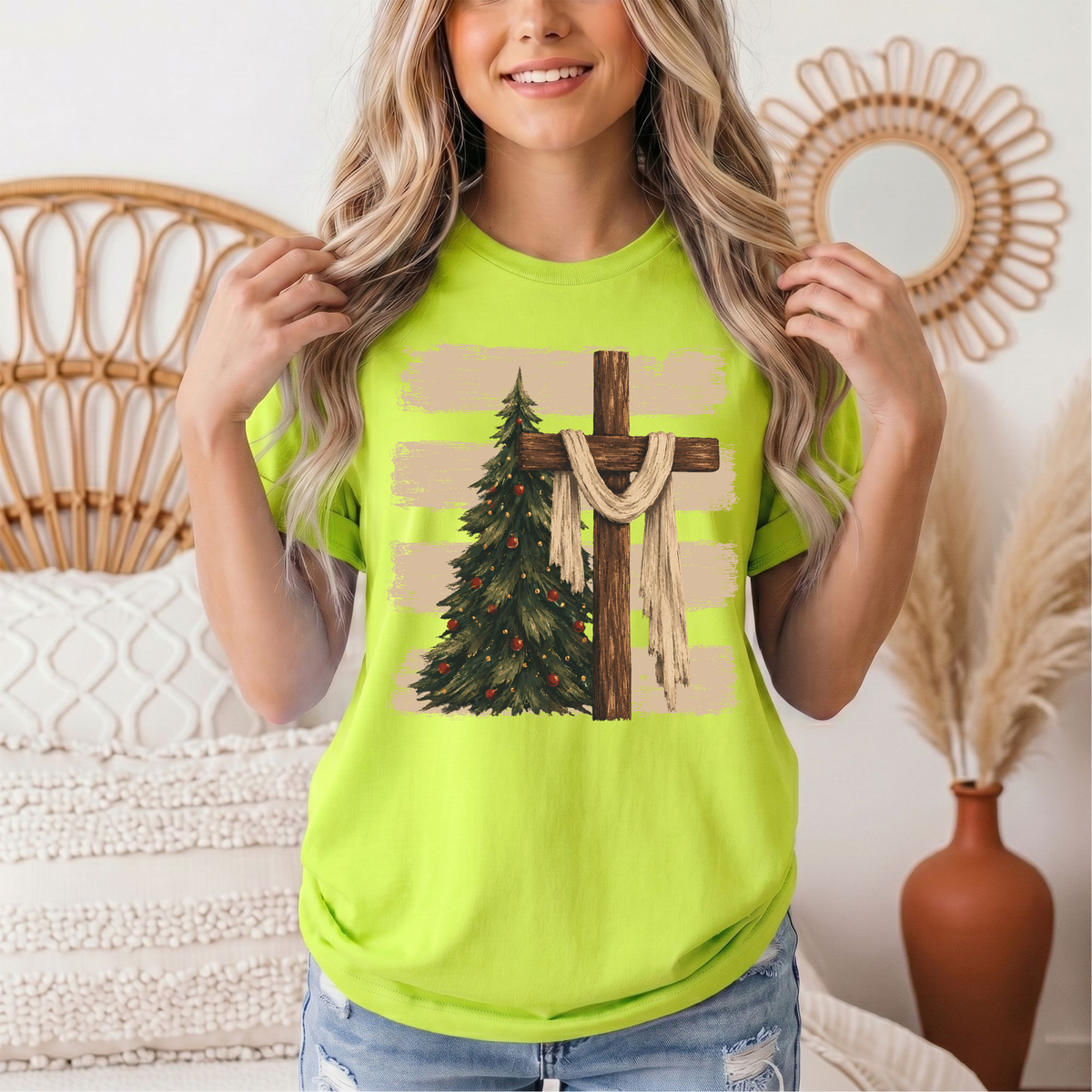 Rustic Cross & Christmas Tree Christian Graphic Tee