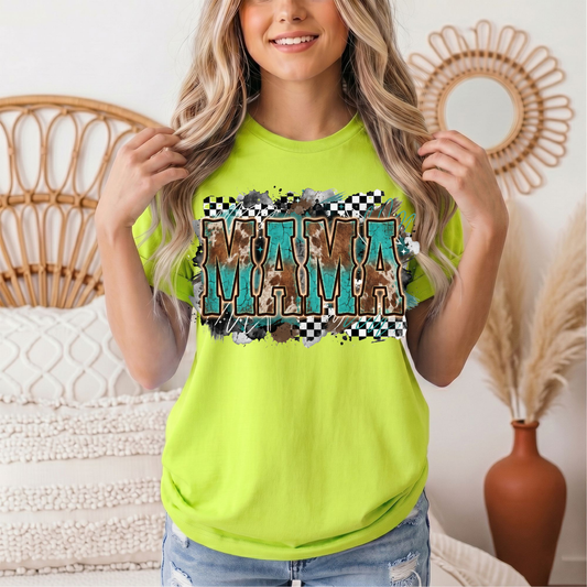 Turquoise & Cow Print Mama Western Graphic Tee