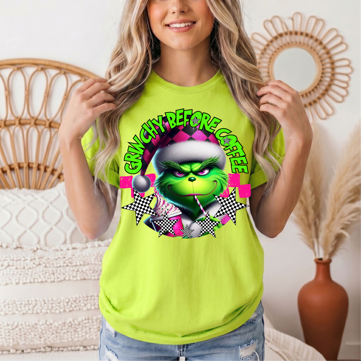 Grinchy Before Coffee Pink Checkerboard Christmas Graphic Tee