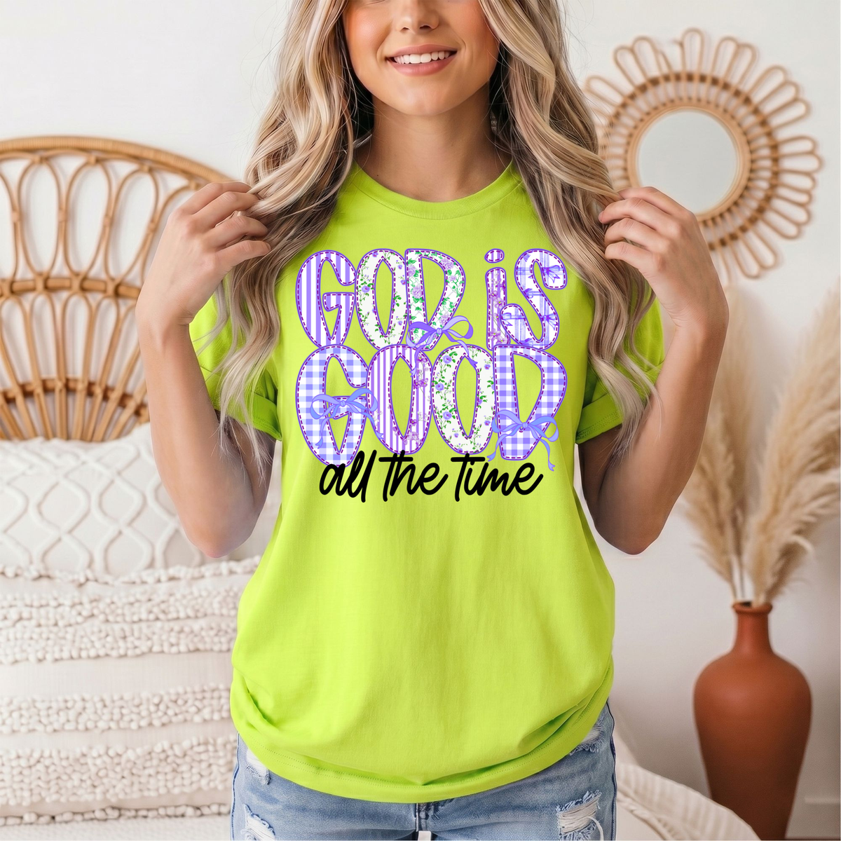 God Is Good All the Time Purple Bow Graphic Tee