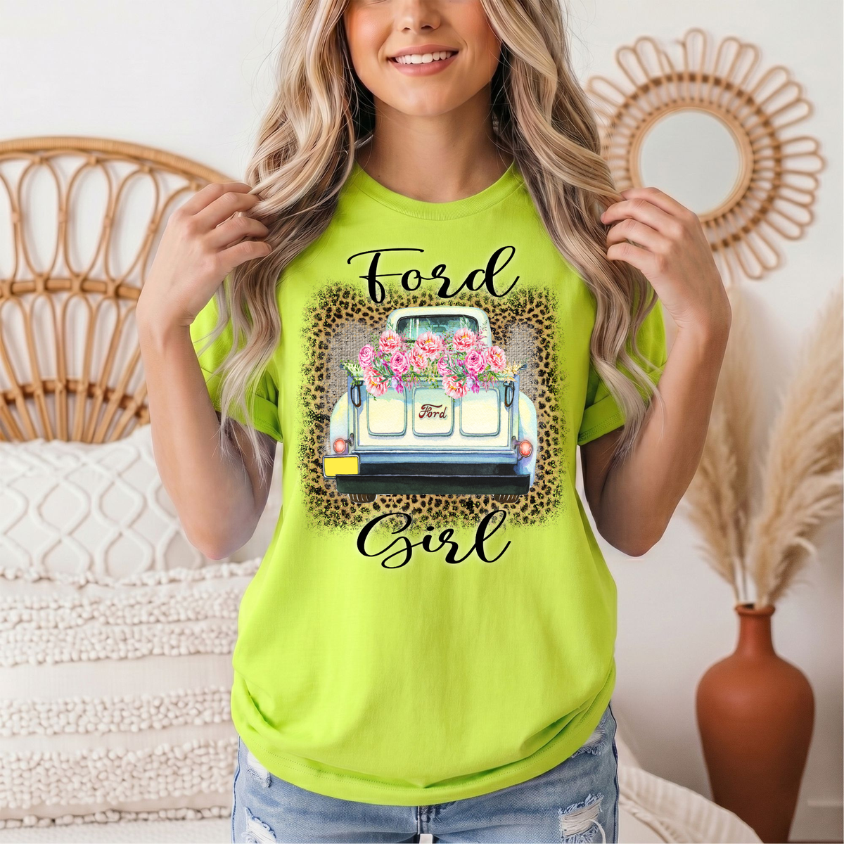 Ford Girl Floral Vintage Truck & Leopard Graphic Tee