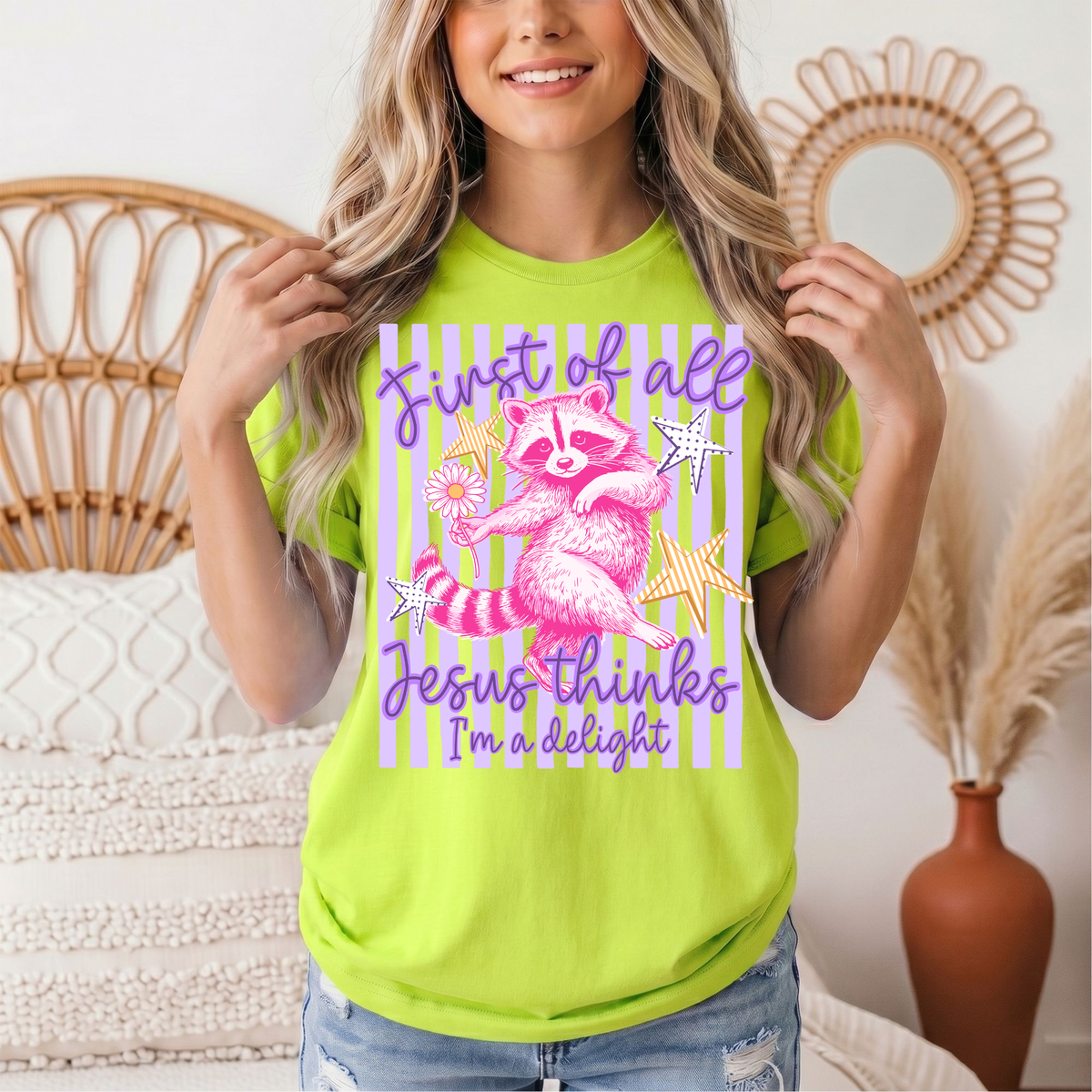 Jesus Thinks I'm a Delight Pink Raccoon Graphic Tee