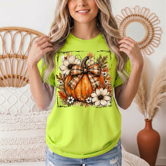 Fall Pumpkin Floral & Plaid Bow Graphic Tee