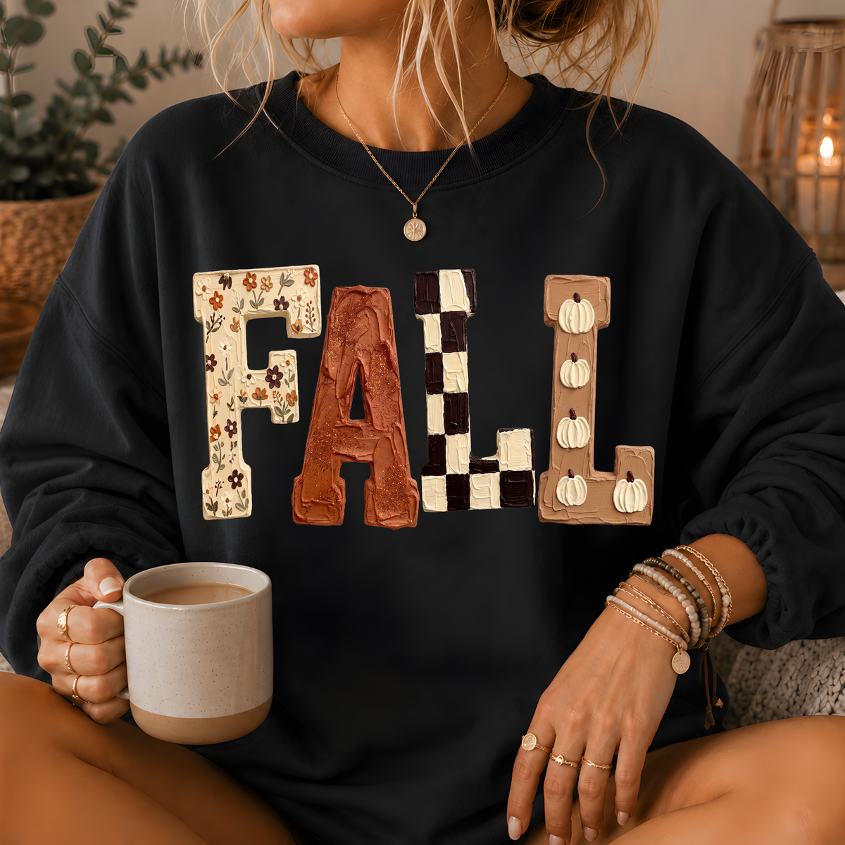 Fall Patchwork Print Crewneck Sweatshirt