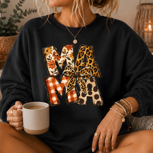 Mama Mixed Print Bow Crewneck Sweatshirt