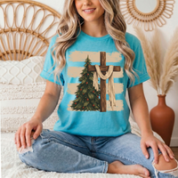 Rustic Cross & Christmas Tree Christian Graphic Tee