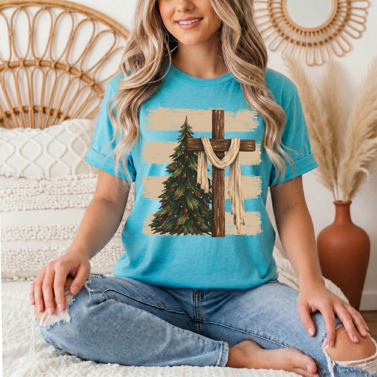 Rustic Cross & Christmas Tree Christian Graphic Tee