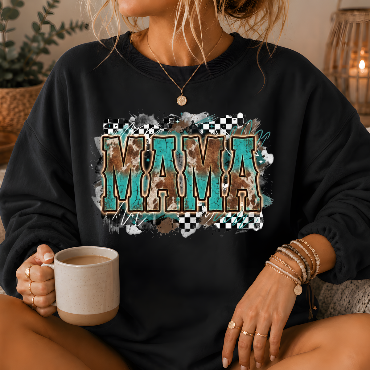 Mama Turquoise Cow Print Western Crewneck Sweatshirt