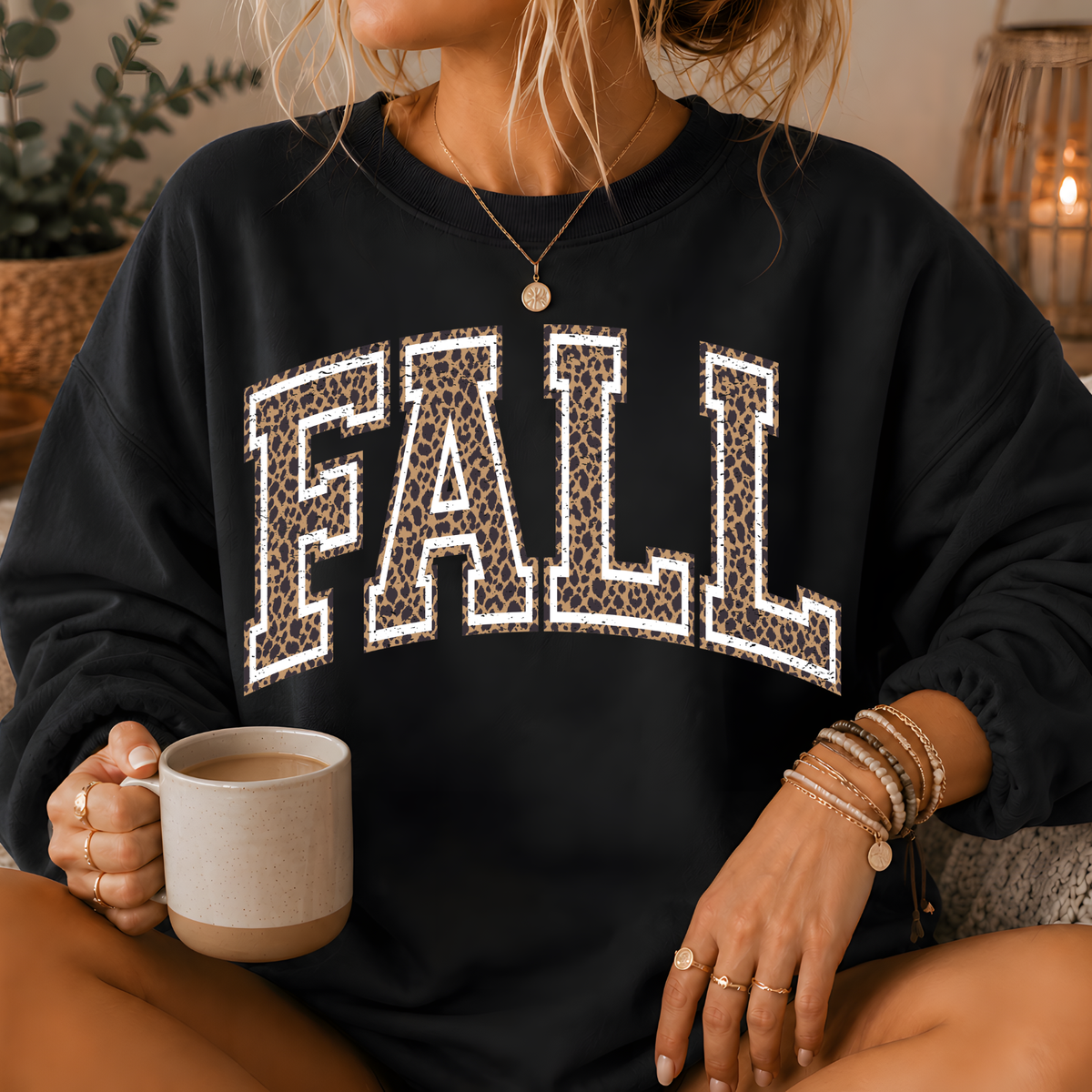 Fall Leopard Print Varsity Crewneck Sweatshirt