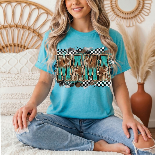 Turquoise & Cow Print Mama Western Graphic Tee
