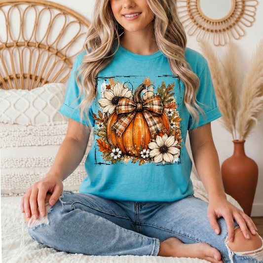 Fall Pumpkin Floral & Plaid Bow Graphic Tee