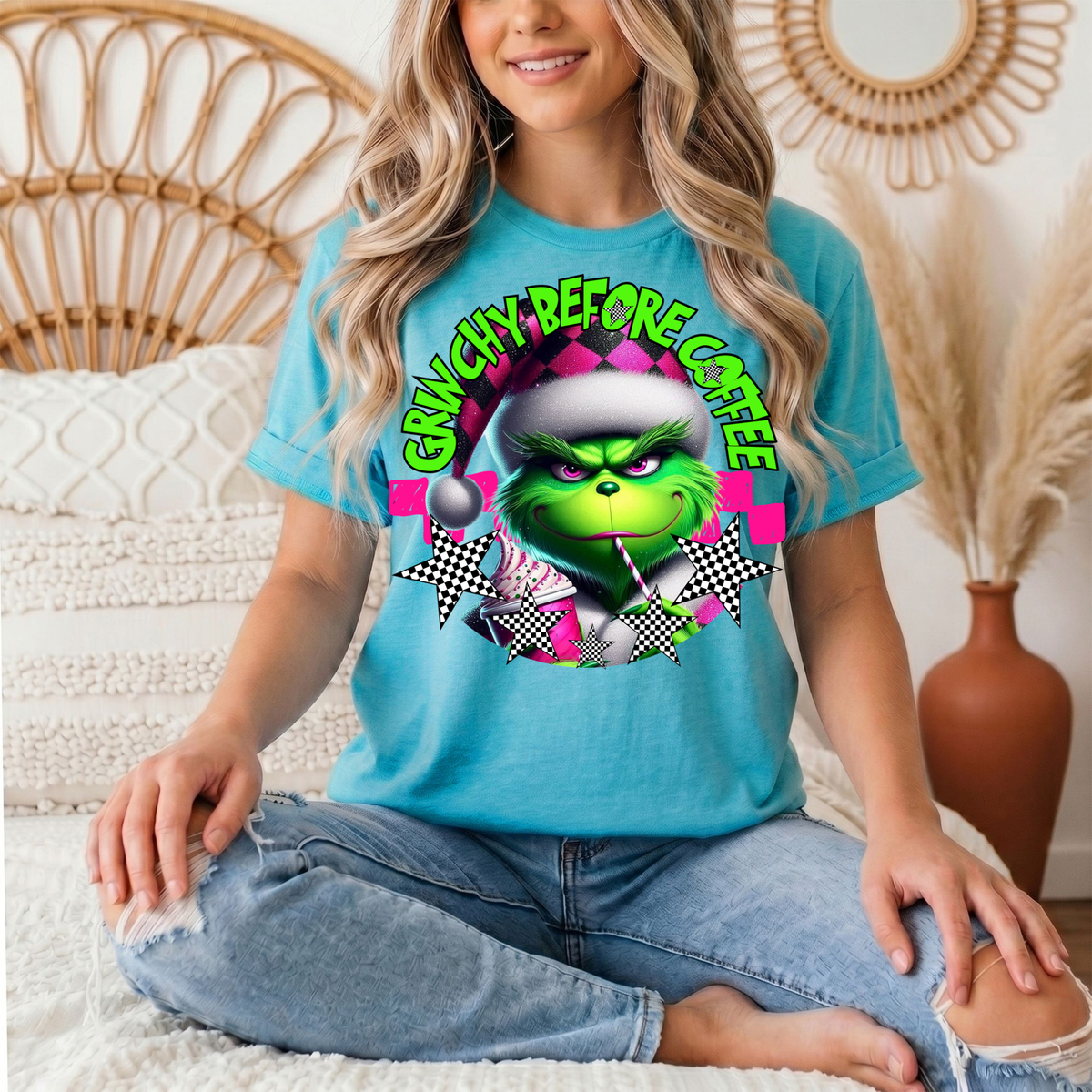 Grinchy Before Coffee Pink Checkerboard Christmas Graphic Tee