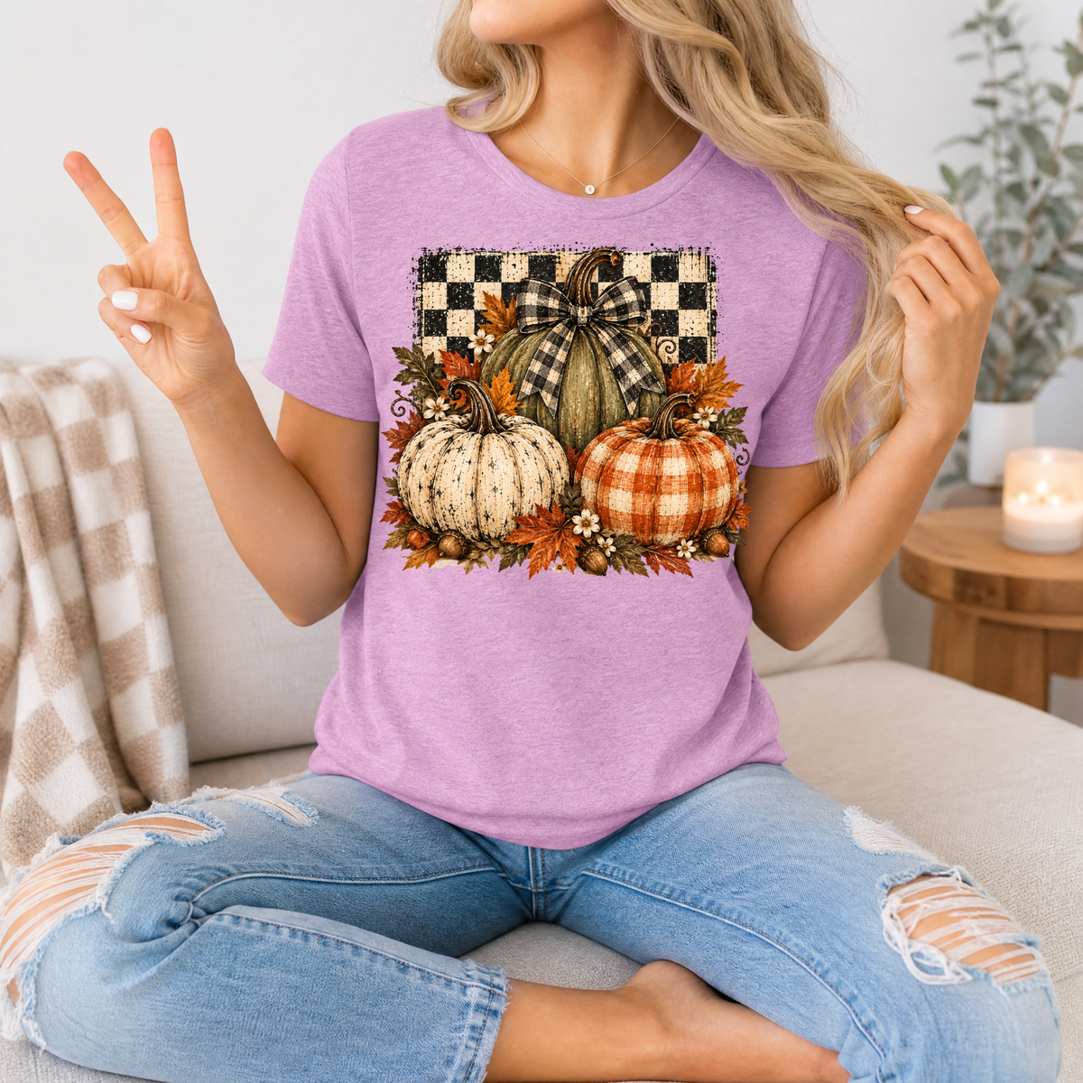 Rustic Fall Pumpkin Trio & Gingham Bow Graphic Tee