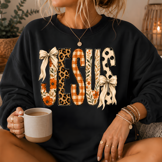 Jesus Mixed Print Bow Crewneck Sweatshirt
