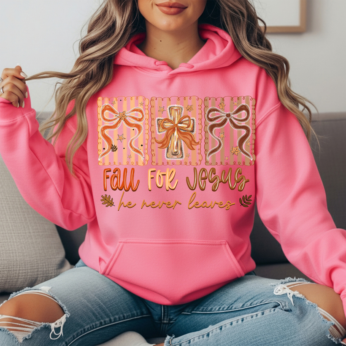 Fall for Jesus He Never Leaves Bow Cross Graphic Hoodie