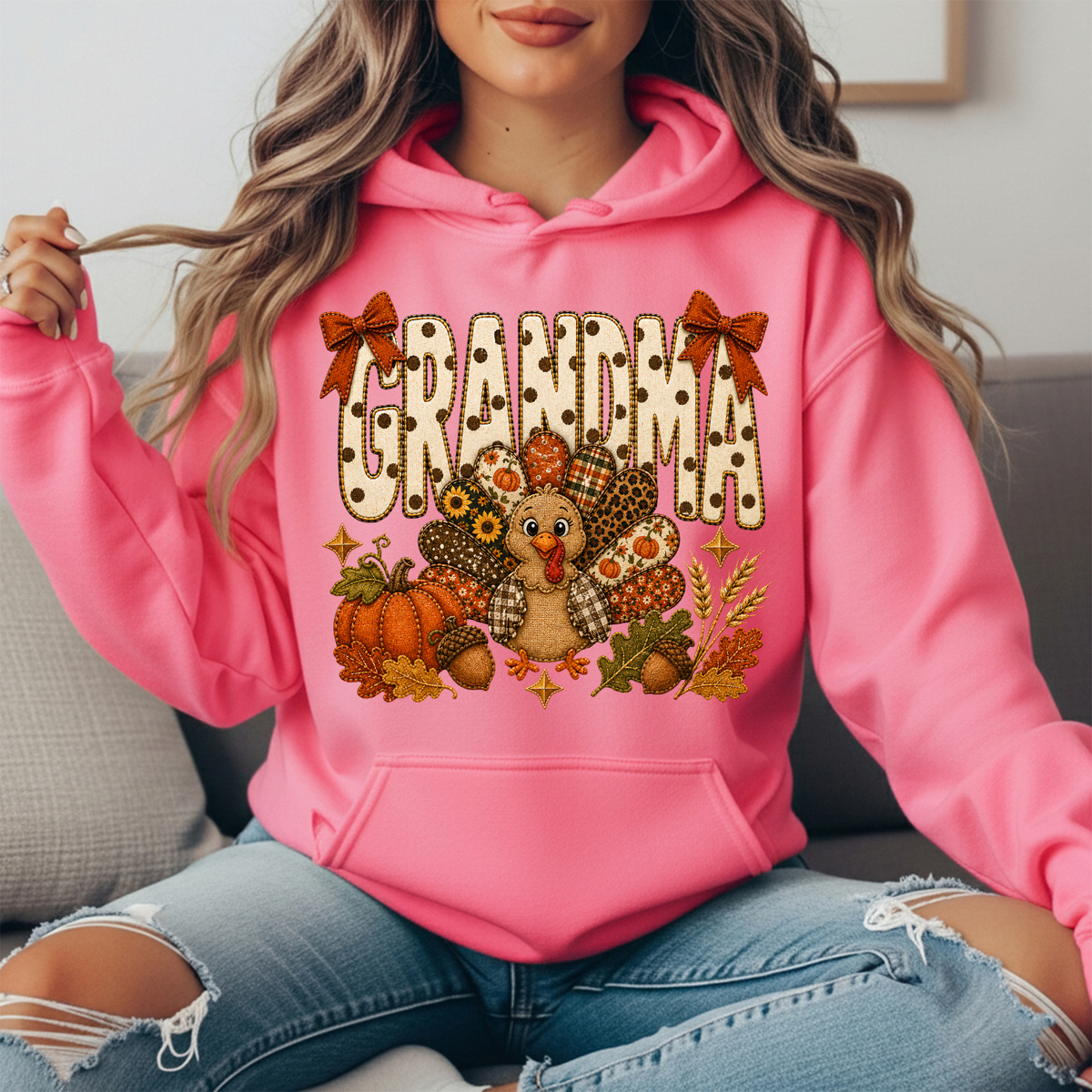 Grandma Thanksgiving Patchwork Turkey Bow Graphic Hoodie