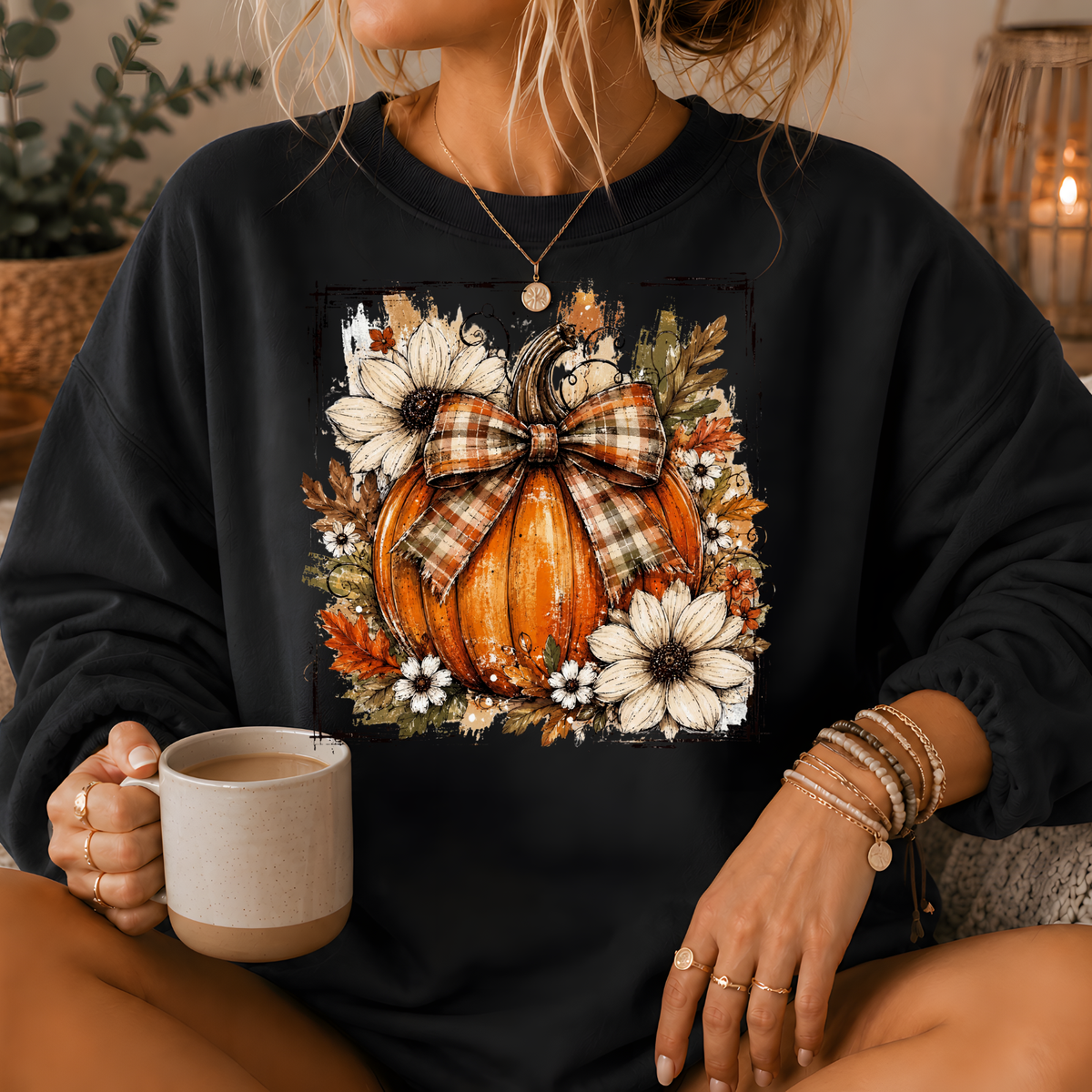 Pumpkin Plaid Bow Floral Crewneck Sweatshirt