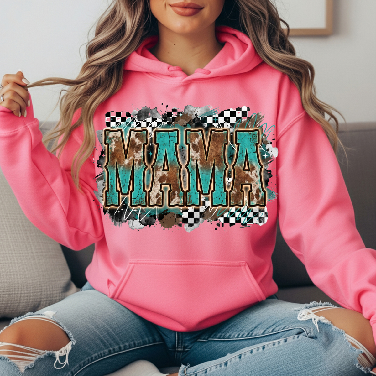 Turquoise Cowhide Mama Western Graphic Hoodie