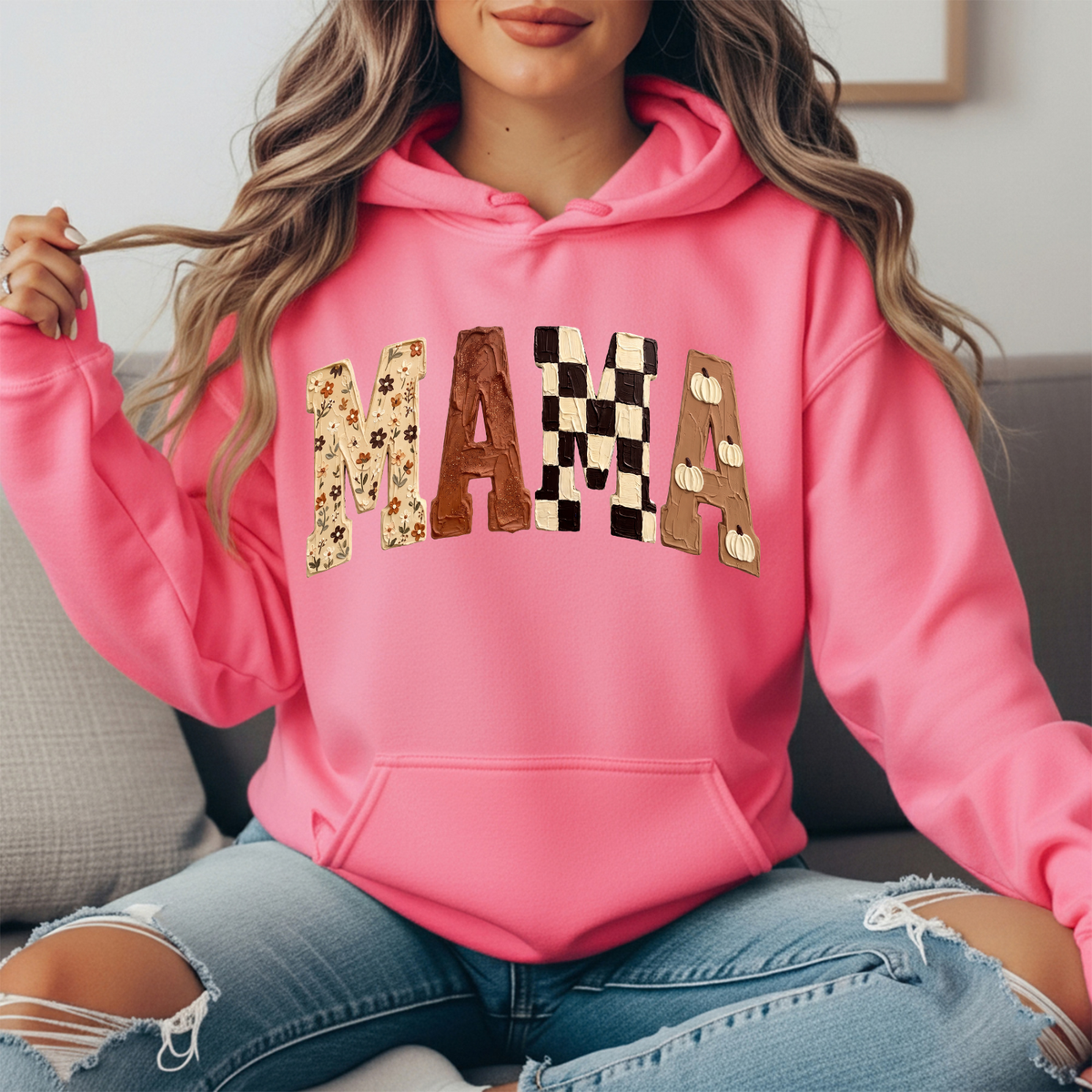 Mama Fall Floral, Checkerboard & Pumpkin Graphic Hoodie