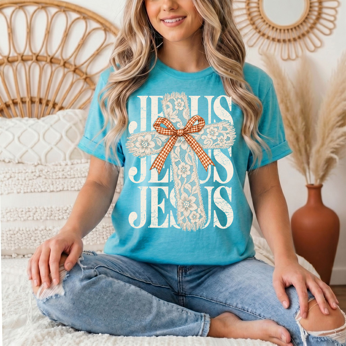 Jesus Lace Cross & Gingham Bow Christian Graphic Tee