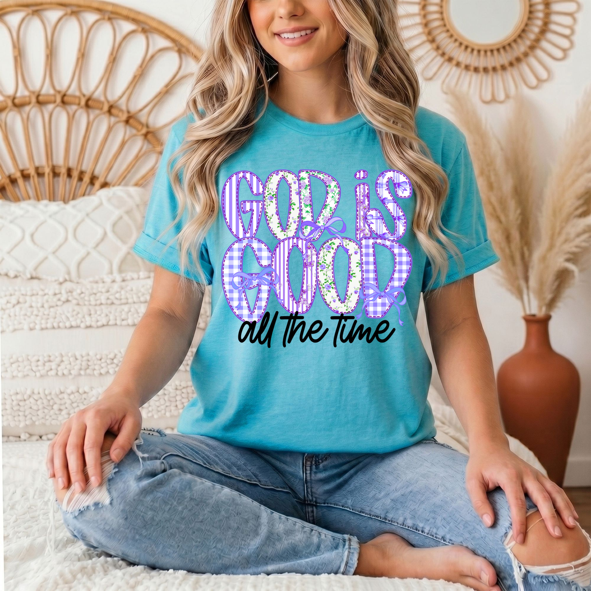 God Is Good All the Time Purple Bow Graphic Tee