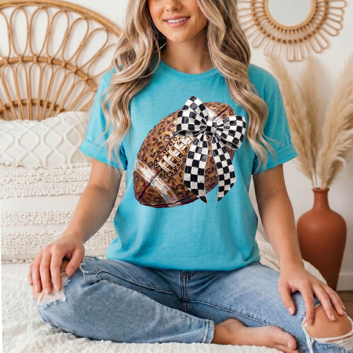 Leopard Football & Checkerboard Bow Graphic Tee