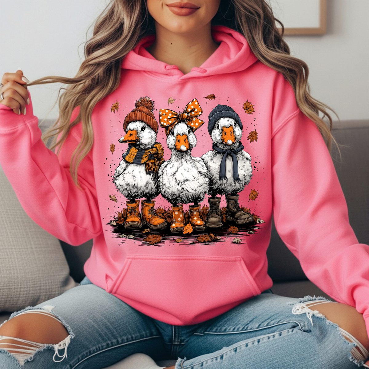 Fall Ducks in Boots & Orange Bow Graphic Hoodie