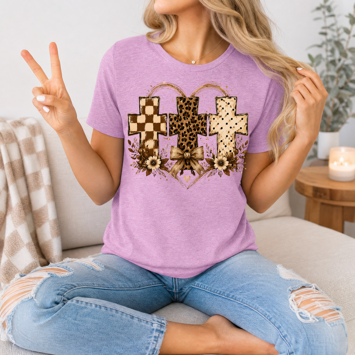 Christian Cross Trio Floral & Bow Graphic Tee