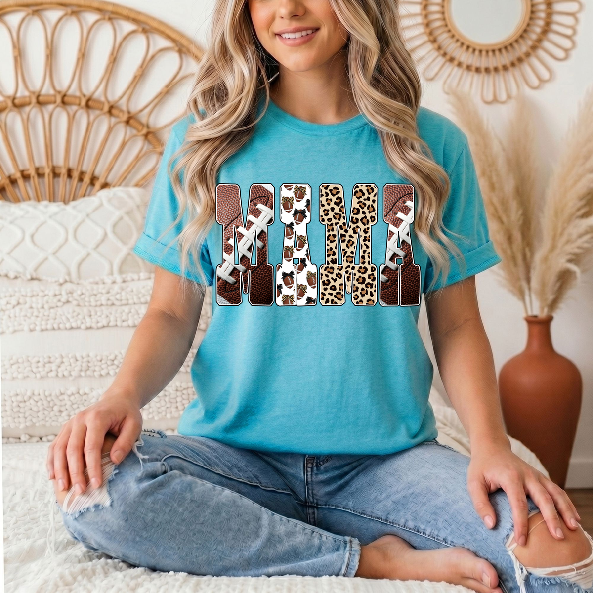 Mama Football & Leopard Mixed Print Graphic Tee