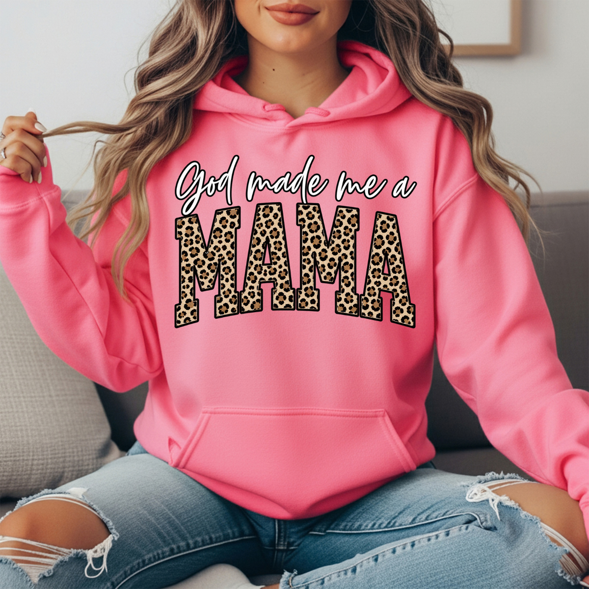 God Made Me a Mama Leopard Print Graphic Hoodie