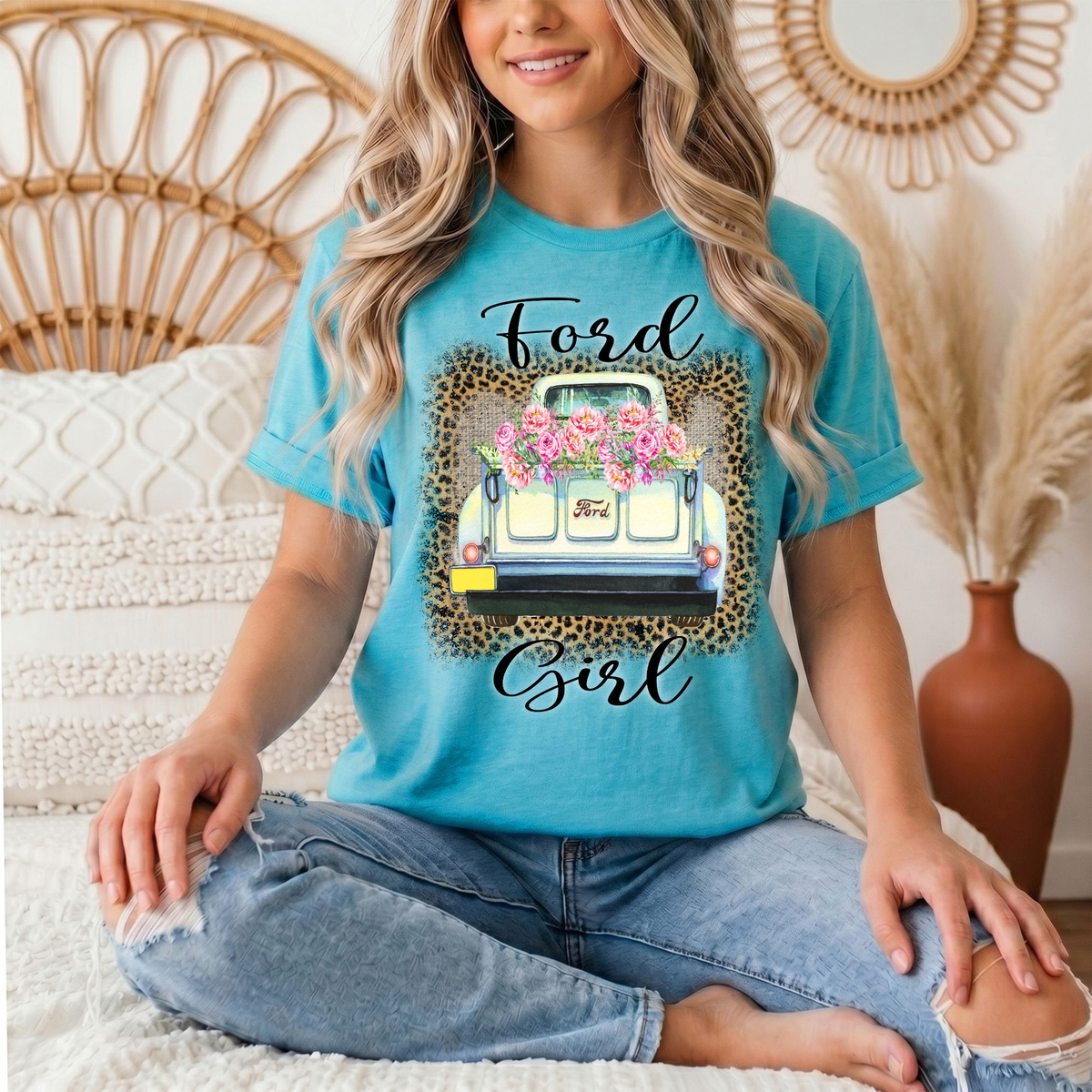 Ford Girl Floral Vintage Truck & Leopard Graphic Tee
