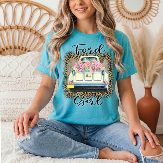 Ford Girl Floral Vintage Truck & Leopard Graphic Tee