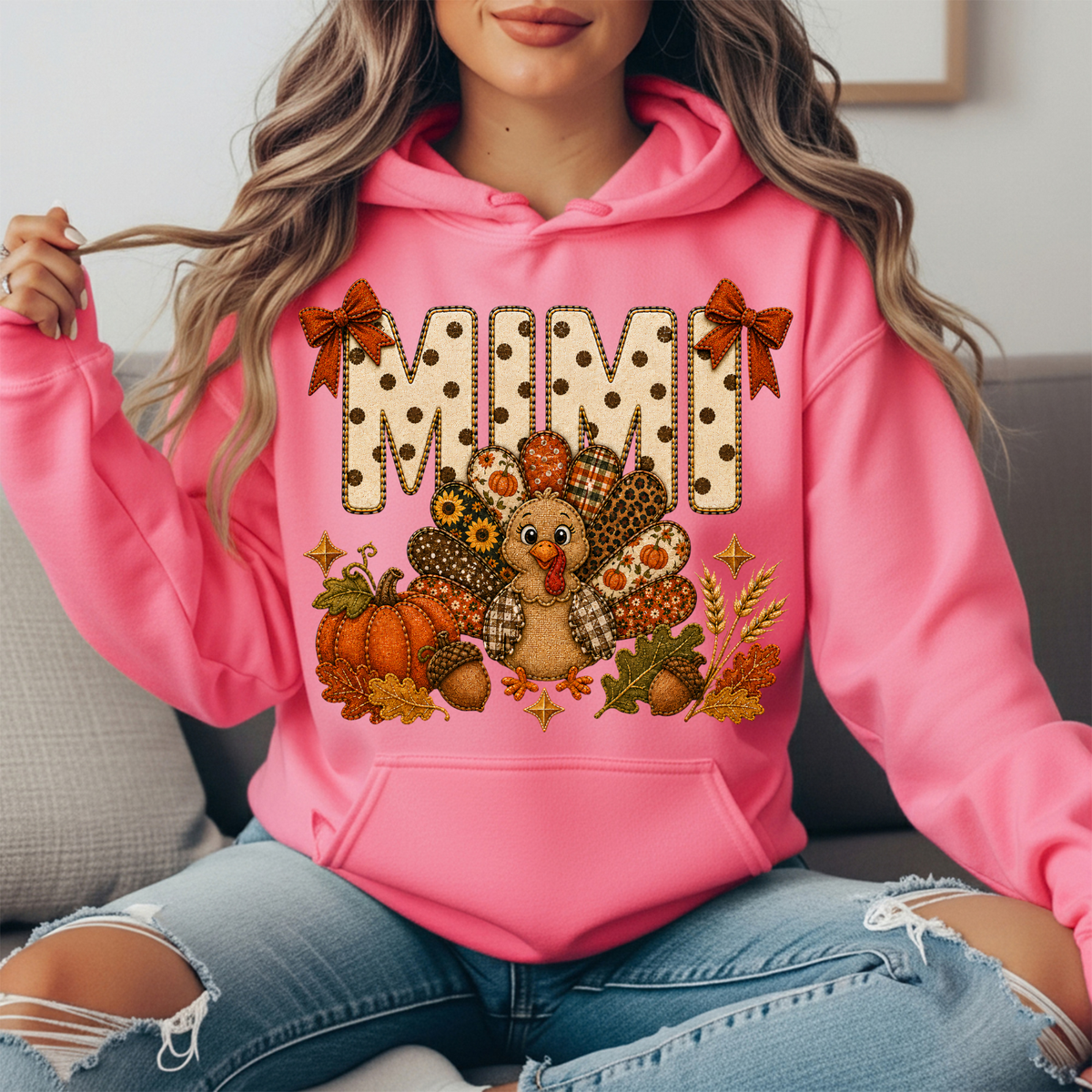 Mimi Thanksgiving Turkey & Rust Bows Graphic Hoodie