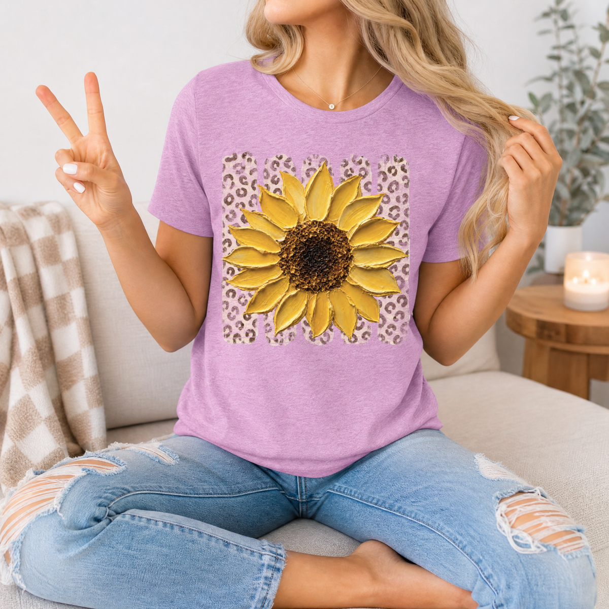 Painted Sunflower & Leopard Print Graphic Tee